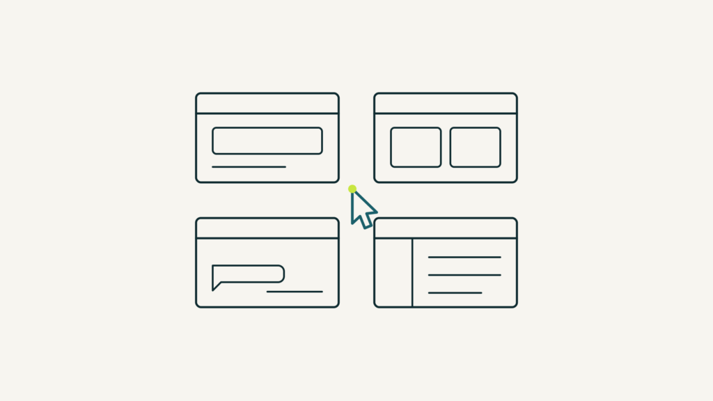 Ilustración de línea: cuatro ventanas de navegador y un cursor eligiendo