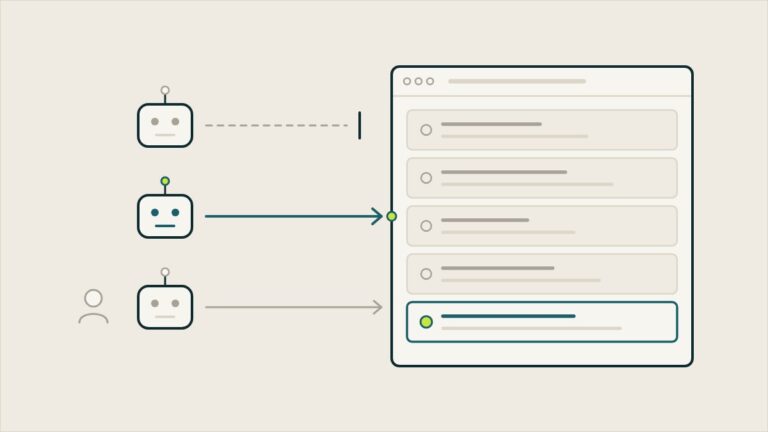 Web preparada para la IA: una web con cinco capas apiladas (acceso, lectura, entendimiento, señales y acciones) y tres visitantes de IA delante, uno que entrena, uno que busca y uno que viene de parte de un usuario.
